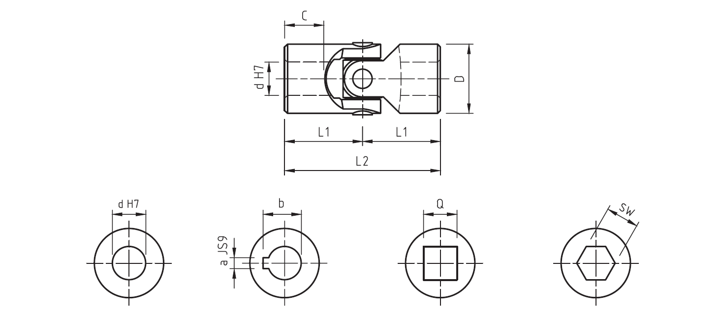 Disegno tecnico Giunti cardanici singoli acciaio inox Serie X