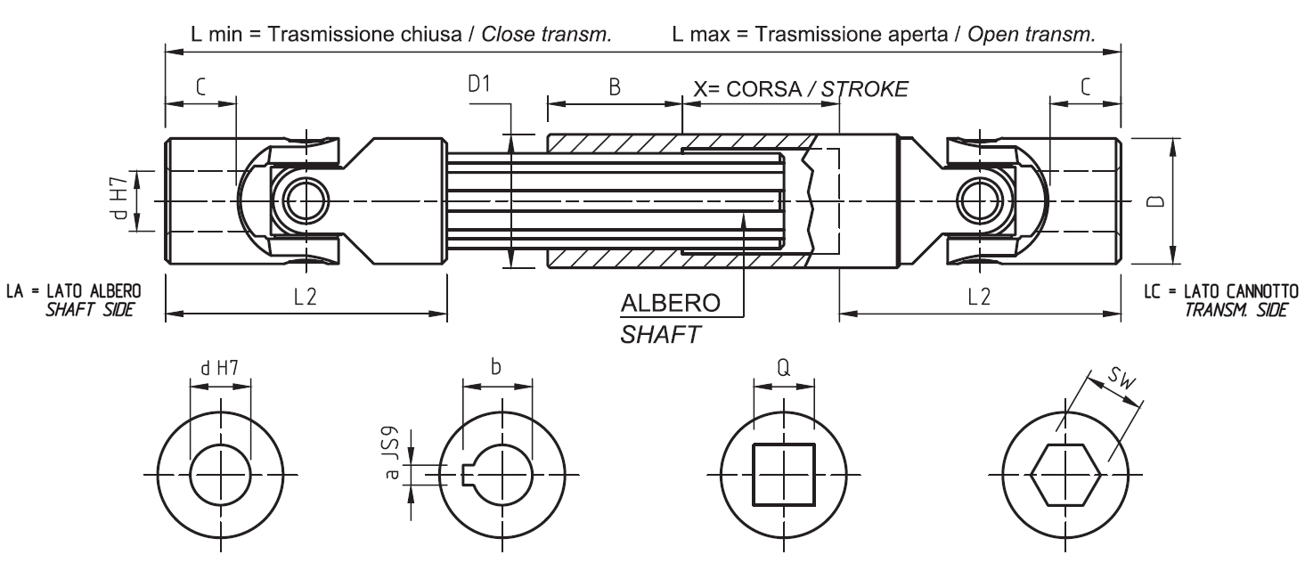 Disegno tecnico Trasmissioni cardaniche allungabili speciali alta velocità con cuscinetti a rullini Serie HA - HBA
