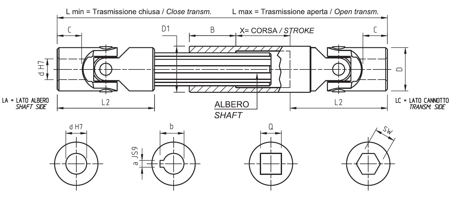 Disegno tecnico Trasmissioni cardaniche allungabili acciao inox Serie XA